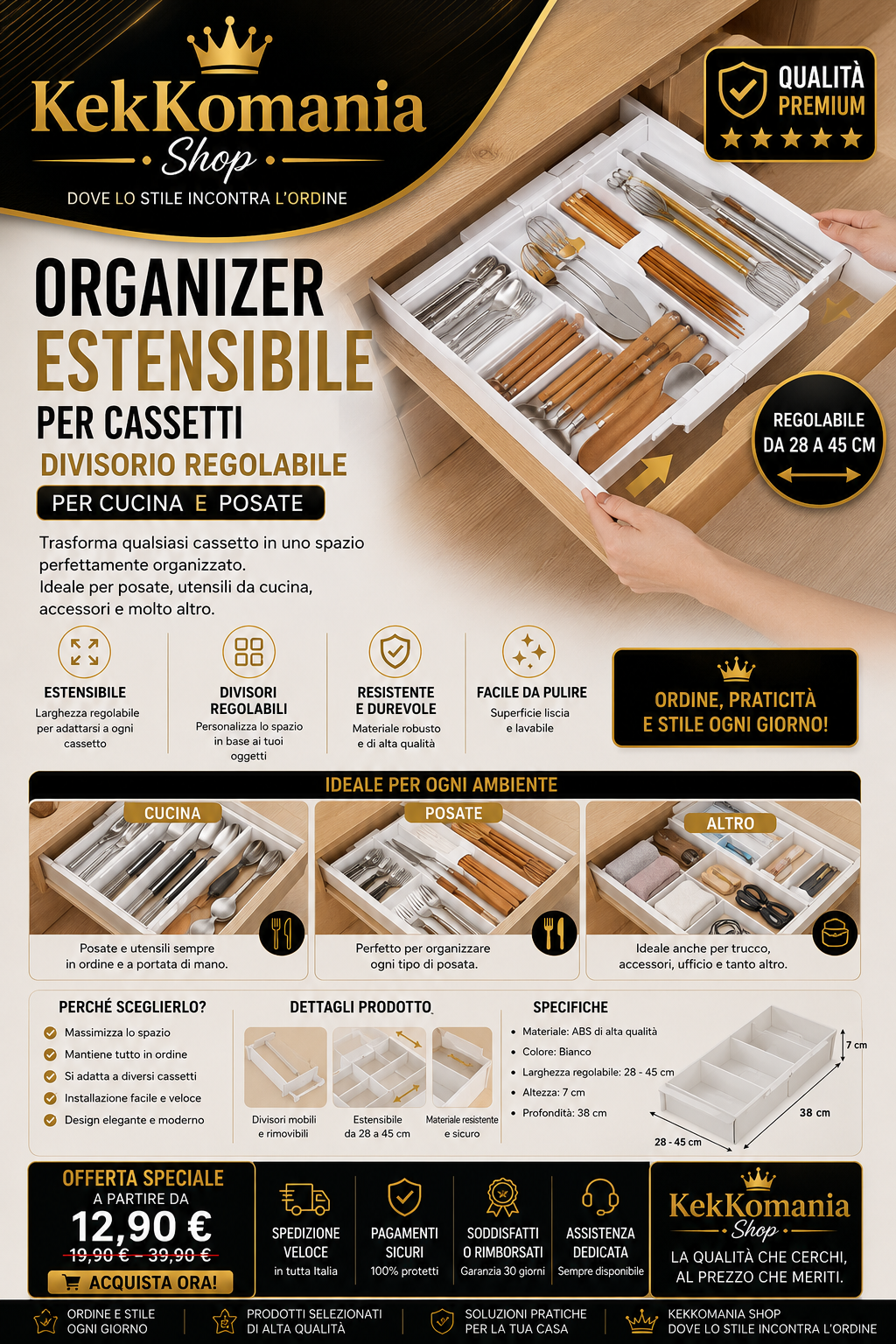 Organizer Estensibile per Cassetti – Divisorio Regolabile per Cucina e Posate