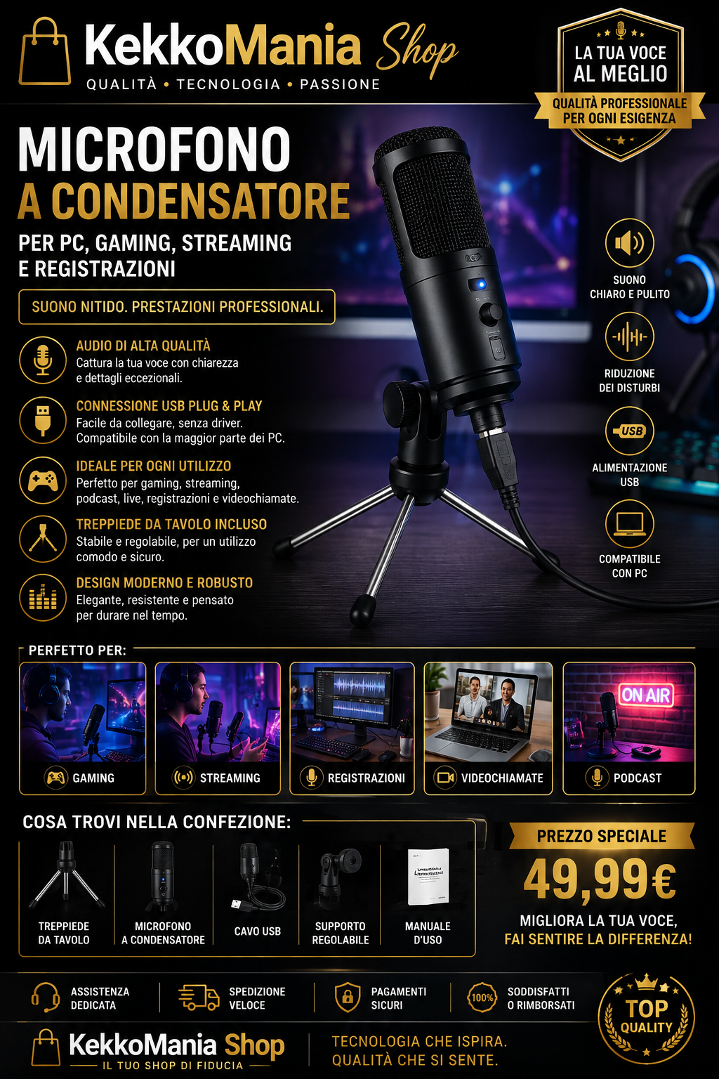Microfono USB a Condensatore per PC, Gaming, Streaming e Registrazioni | Treppiede Incluso | KekkoMania Shop