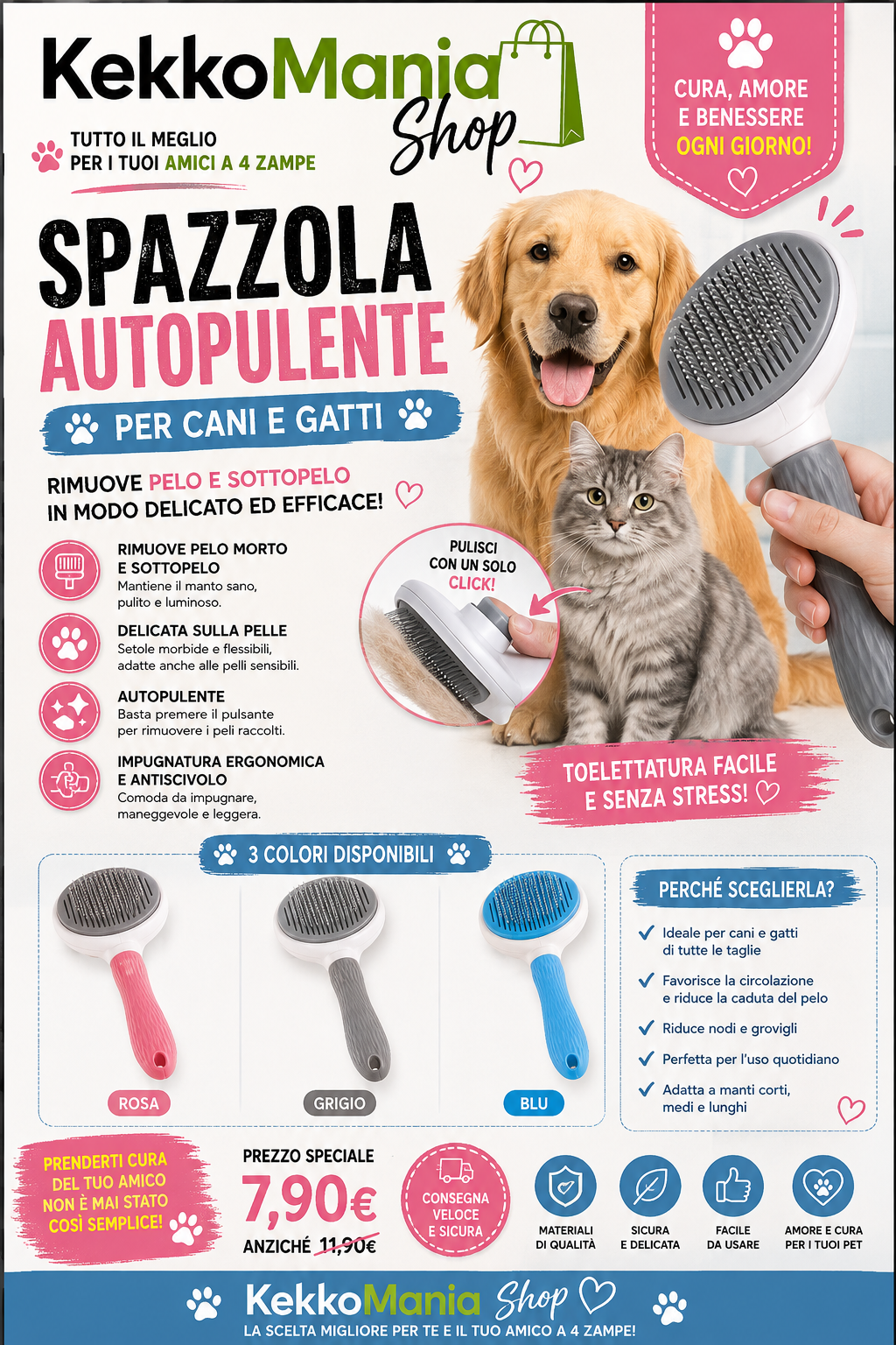 KekkoMania Shop – Self-Cleaning Brush for Dogs and Cats | Removes Hair and Undercoat