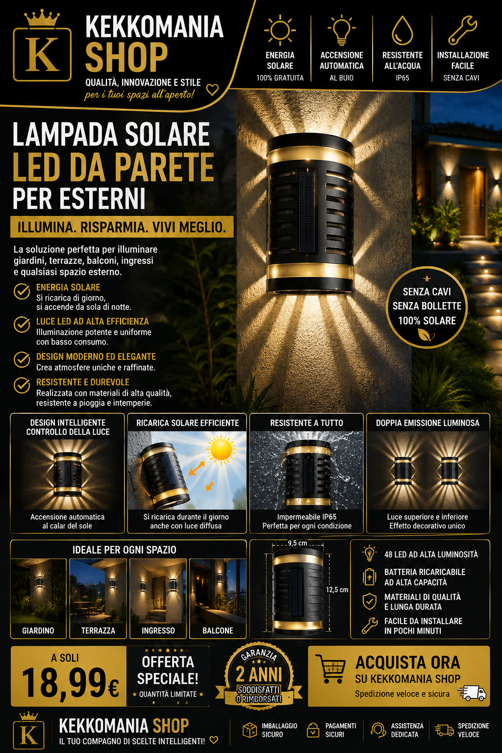KEKKOMANIA SHOP – Lampada Solare LED da Parete per Esterni