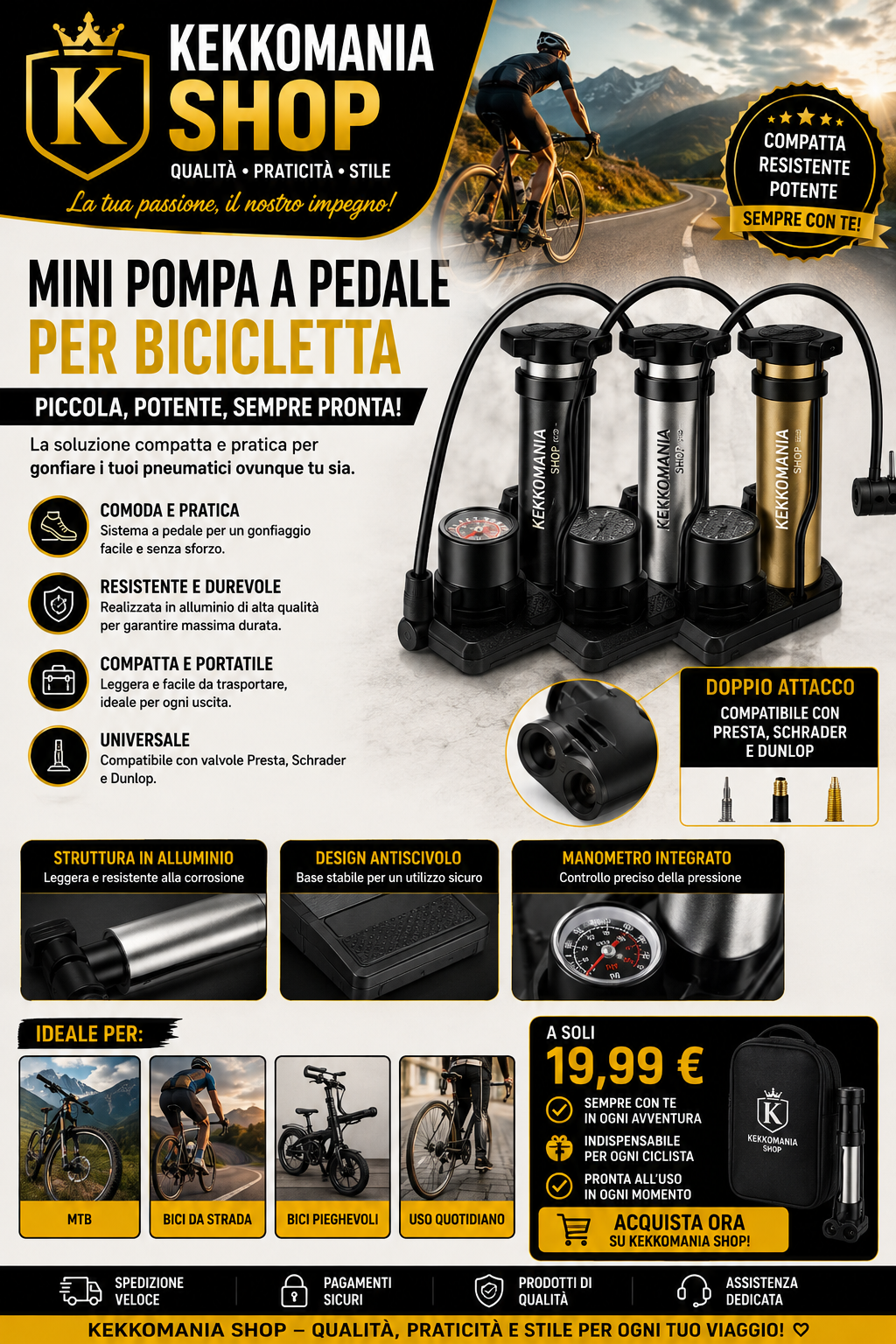 KEKKOMANIA SHOP – Mini Aluminum Bicycle Foot Pump, Portable Pump for MTB and Road Bikes