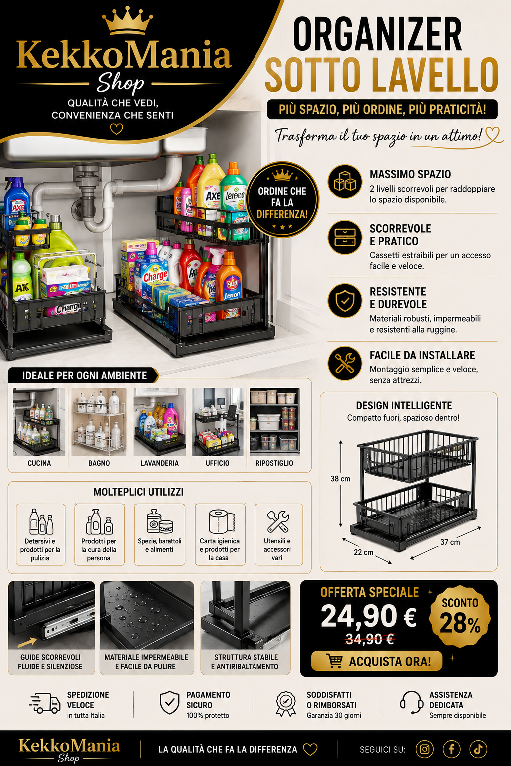 Organizer Estraibile Sottolavello a 2 Ripiani – Porta Detergenti e Accessori Cucina/Bagno