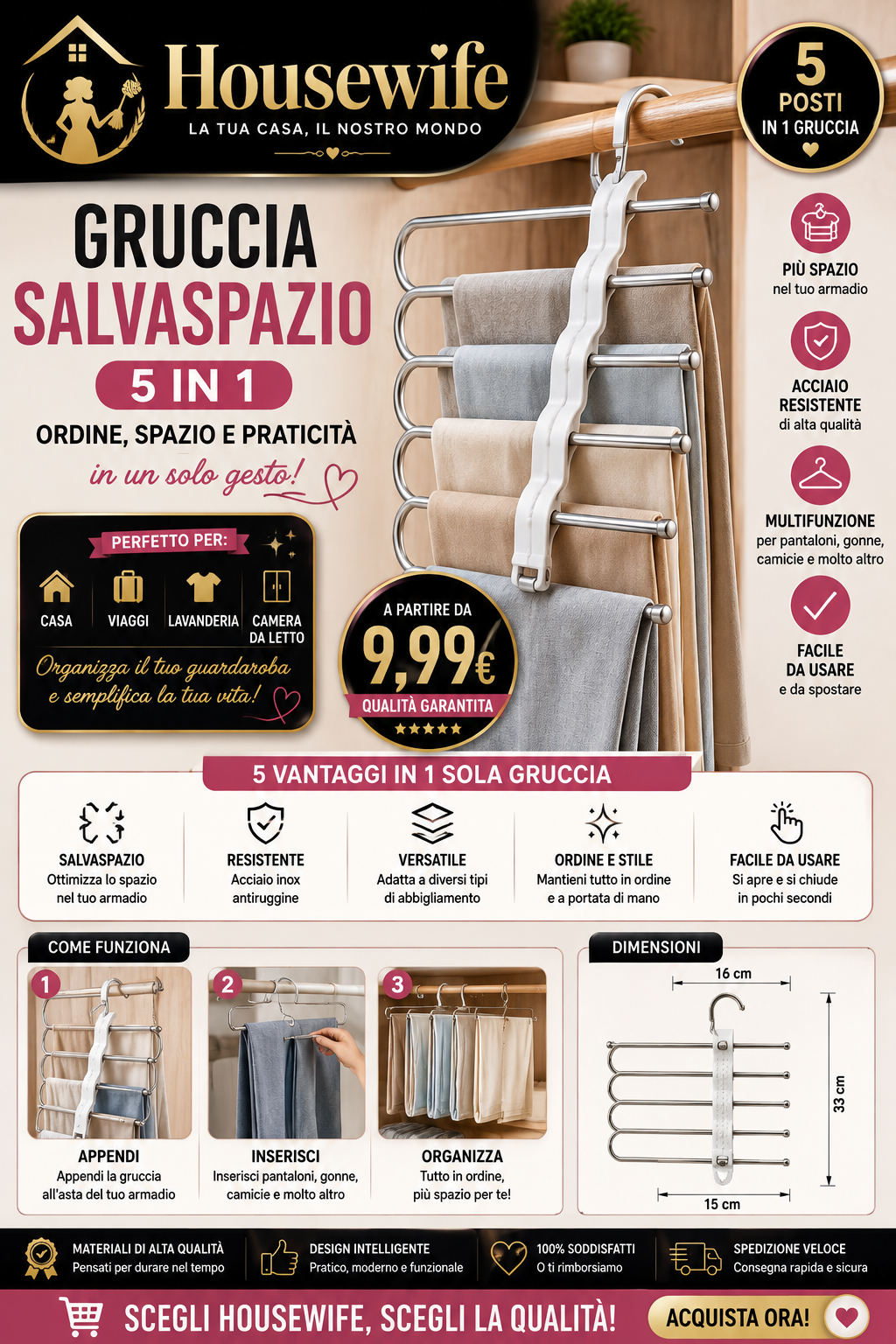 Kekkomania Shop – Grucce Salvaspazio 5 in 1 in Acciaio per Armadio