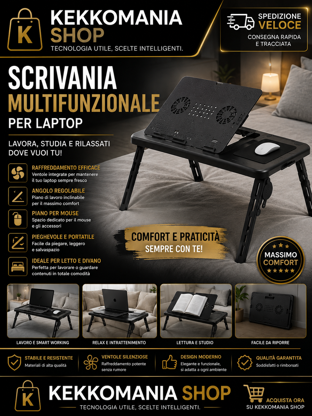 🛏️ Multifunctional Laptop Desk for Bed with Stand and Cooling
