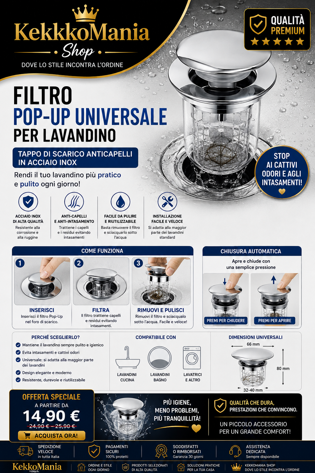 Universal Pop-Up Sink Filter – Stainless Steel Hair Catcher Drain Stopper