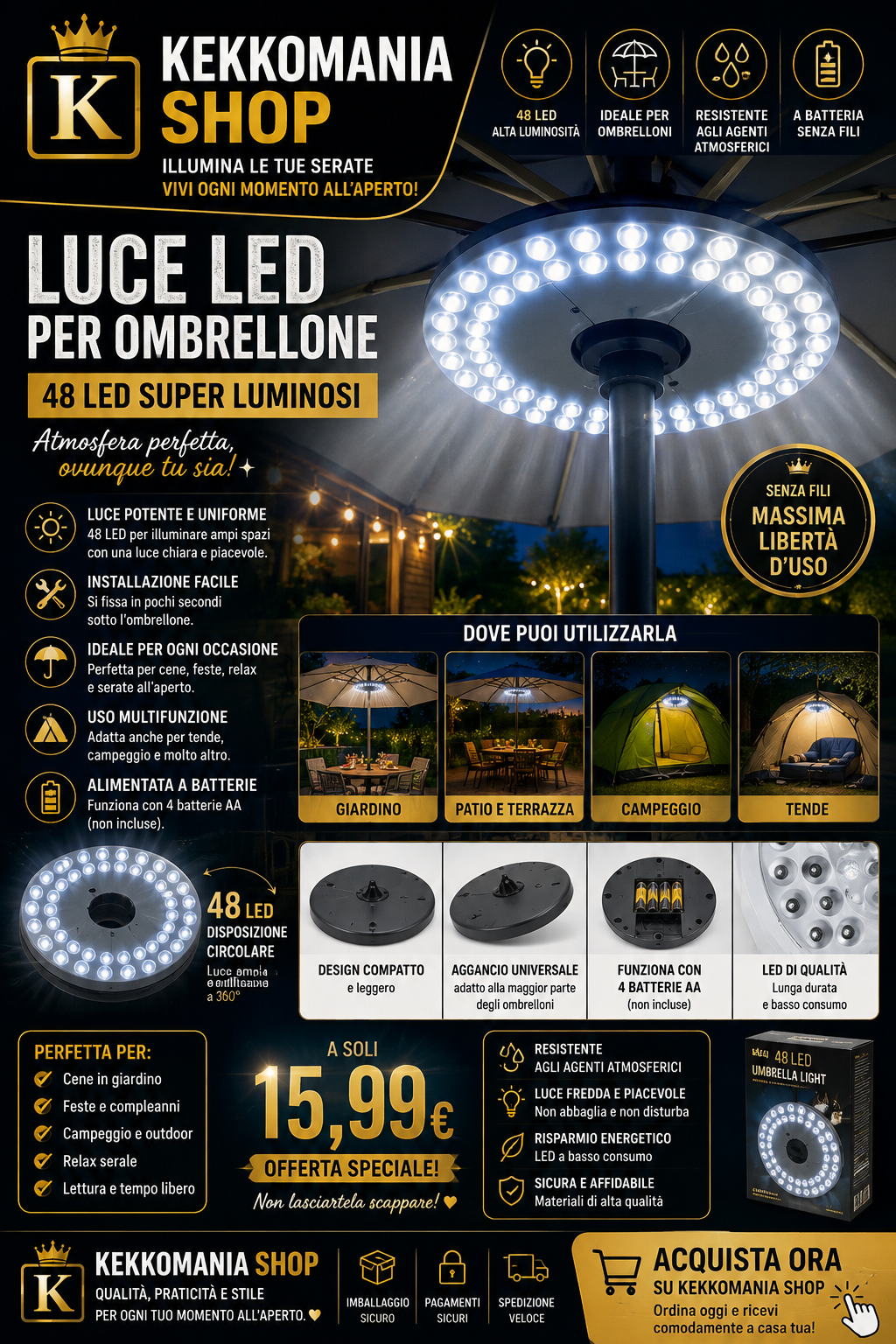 KEKKOMANIA SHOP – 48 LED Umbrella Light