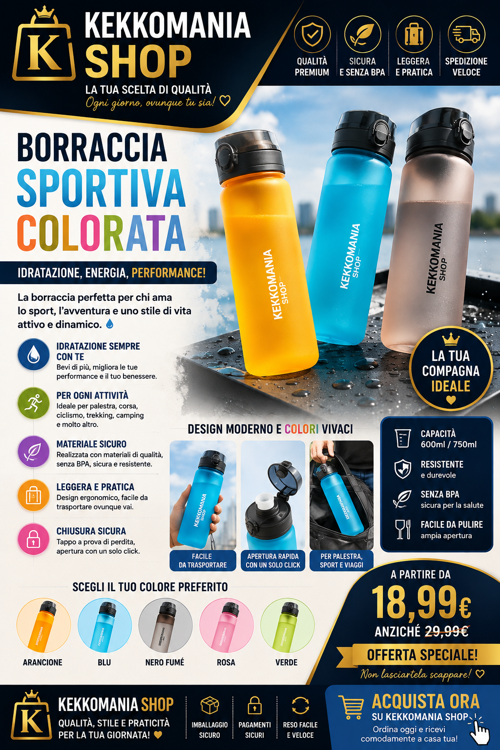 KEKKOMANIA SHOP – Sports Bottle 600/750 ml for Sports and Travel