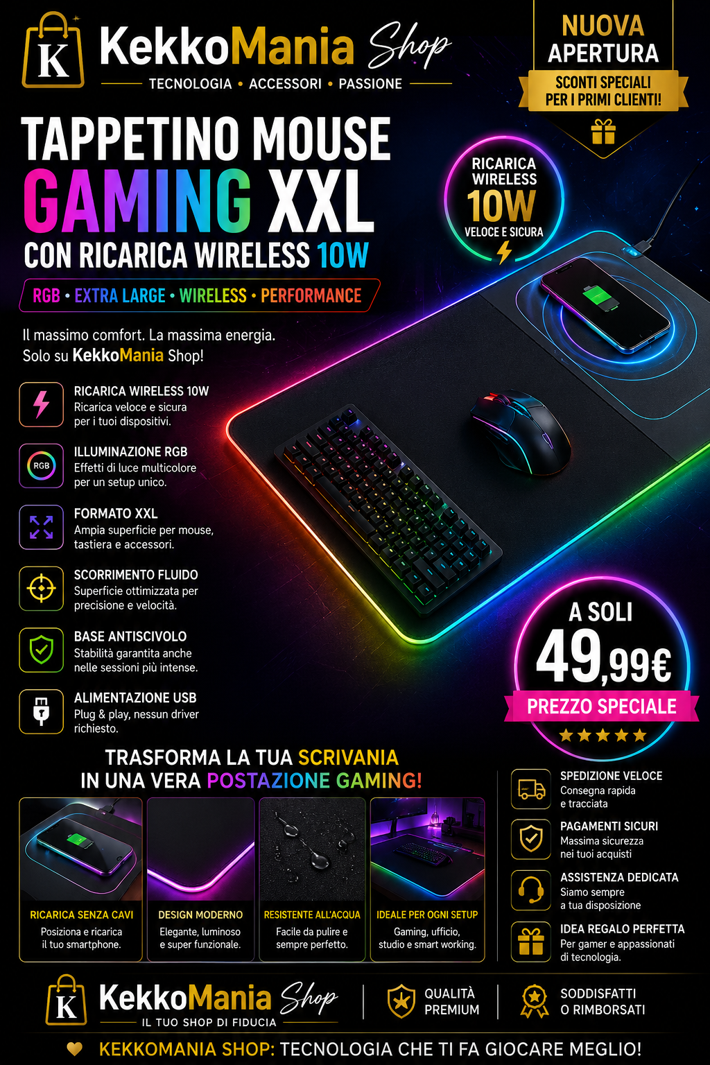 KekkoMania Shop – Tappetino Mouse Gaming XXL RGB con Ricarica Wireless 10W