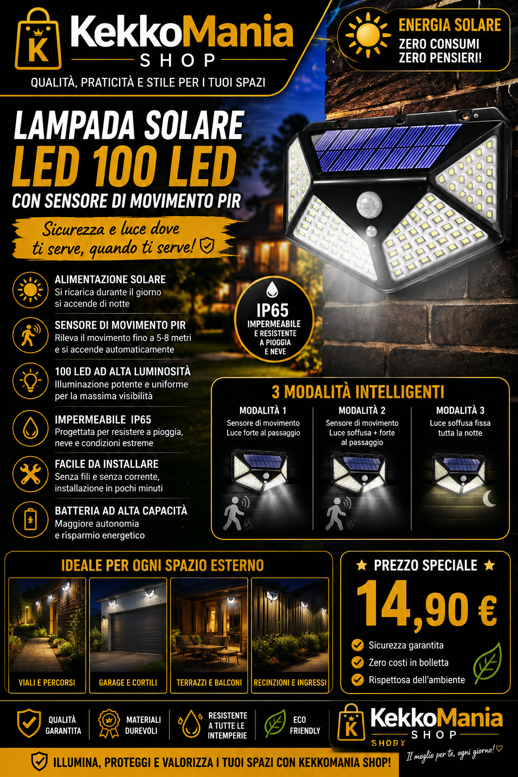 Lampada Solare LED con Sensore di Movimento PIR – 100 LED | Kekkomania Shop