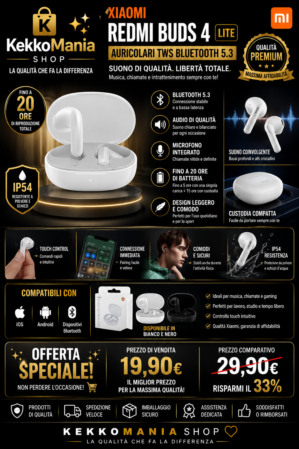 Xiaomi Redmi Buds 4 Lite – Auricolari TWS Bluetooth 5.3 Wireless