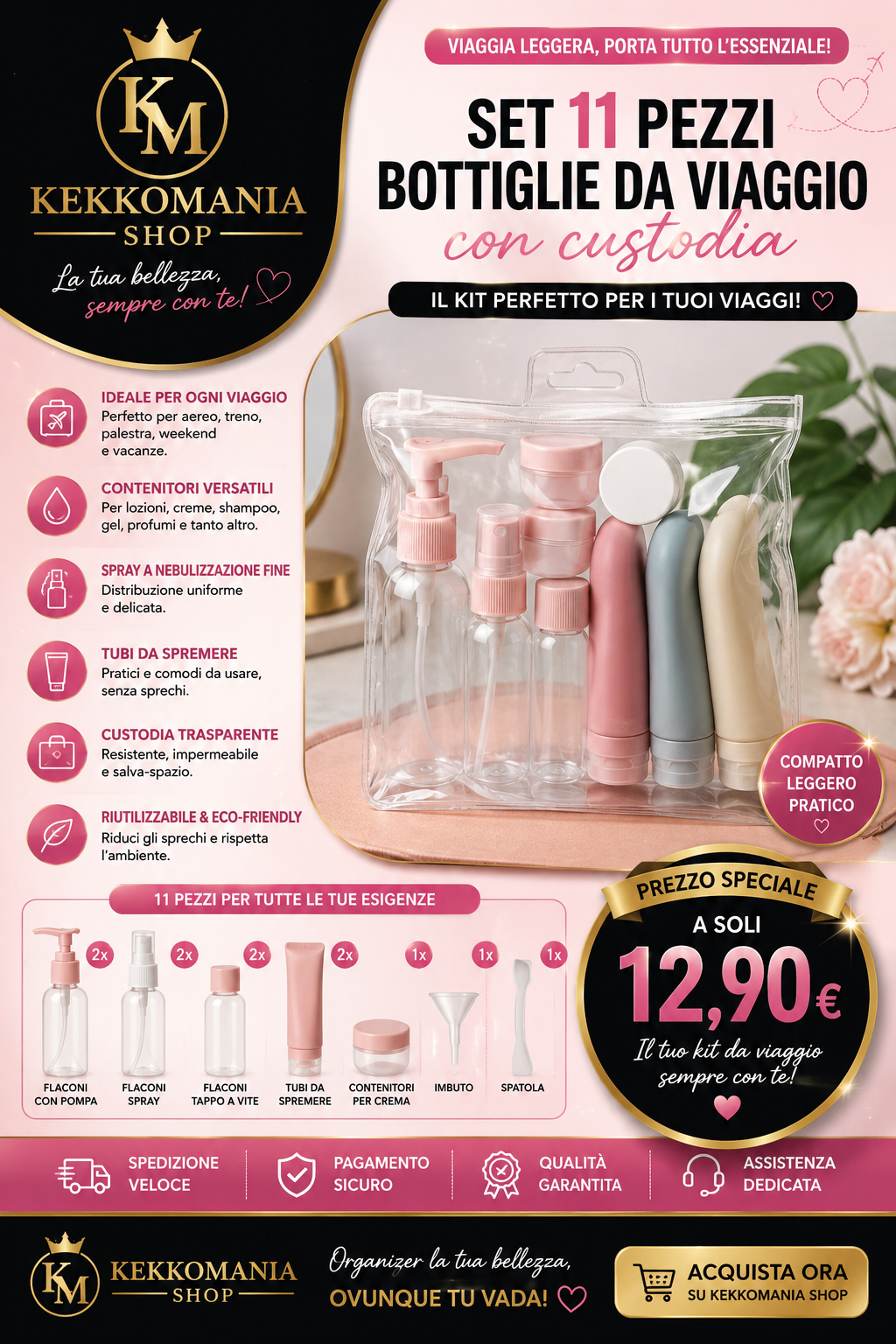 KekkoMania Shop – Set 11 Bottiglie da Viaggio con Custodia | Kit Beauty Travel