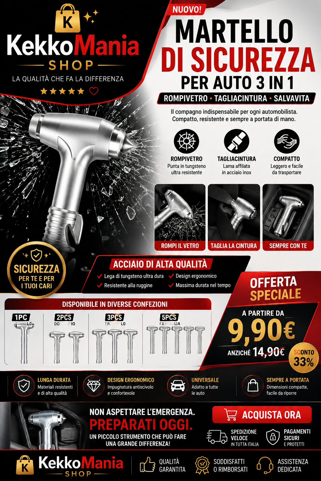 Martelletto Frangivetro di Emergenza 2 in 1 con Taglia Cinture per Auto
