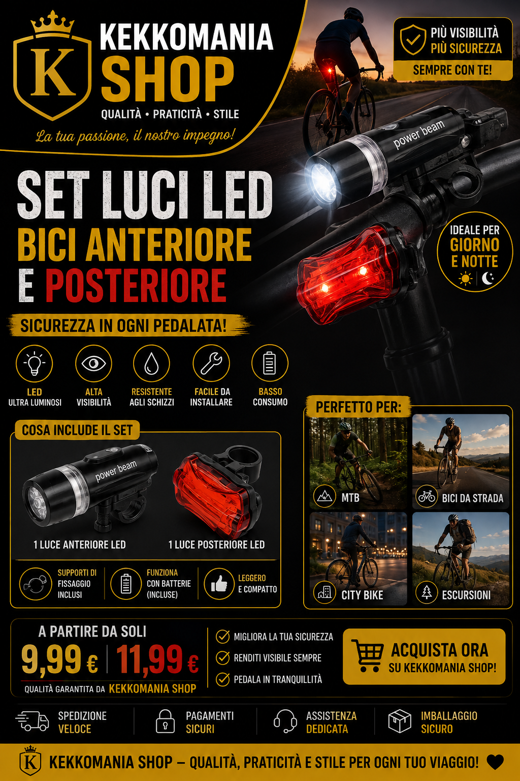 KEKKOMANIA SHOP – Set Luci LED per Bicicletta Anteriore e Posteriore