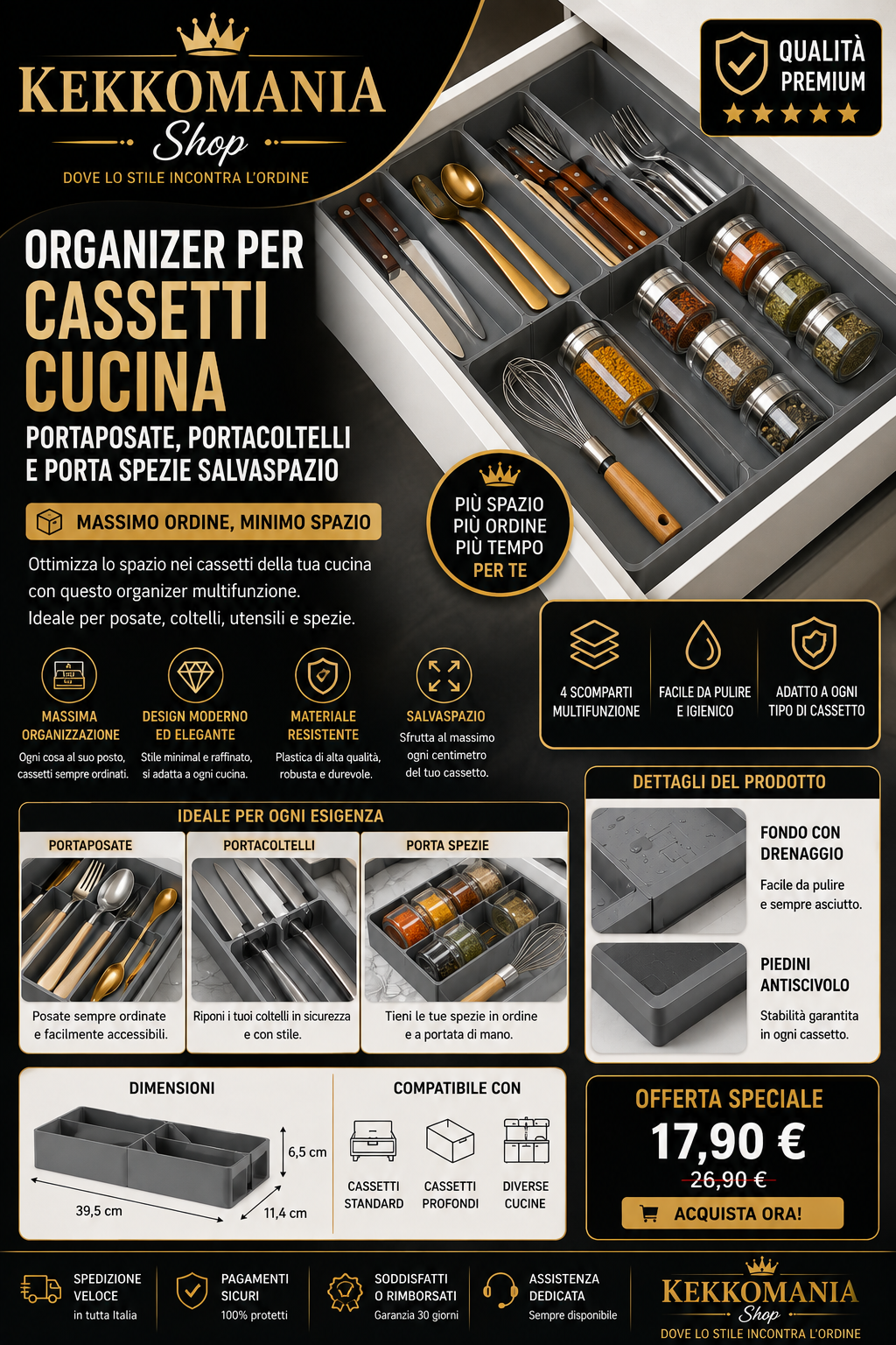 Organizer per Cassetti Cucina – Portaposate, Portacoltelli e Porta Spezie Salvaspazio