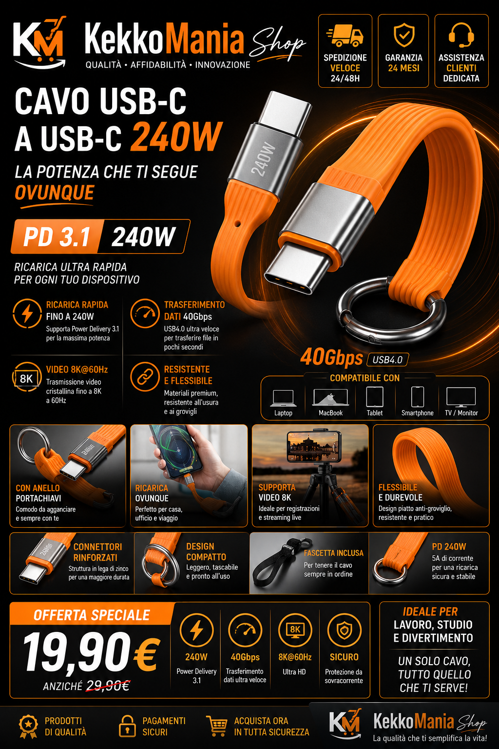 USB-C to USB-C Cable 240W USB4 40Gbps – PD 3.1 Charging, 8K 60Hz Video and Data Transfer