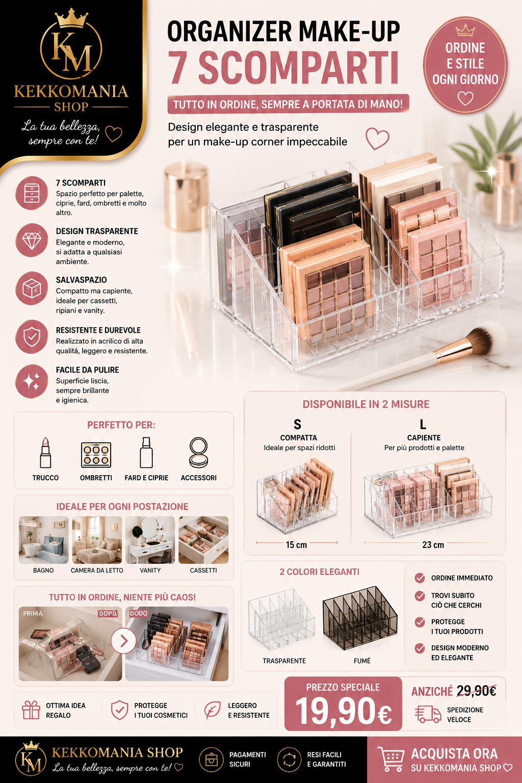 7-Compartment Clear Makeup Organizer – Multi-purpose Cosmetic Holder
