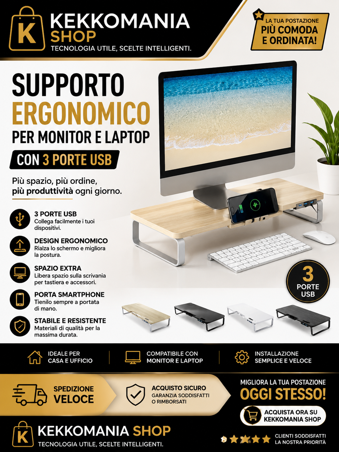 Ergonomic Monitor and Laptop Stand with 3 USB Ports