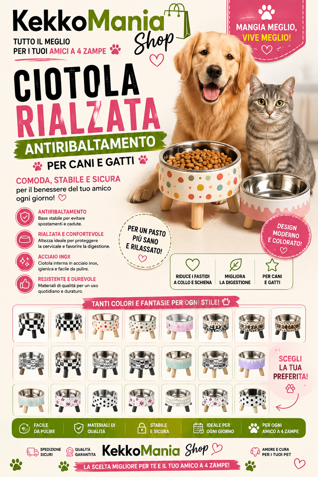Raised Anti-Tip Bowl for Dogs and Cats – Stainless Steel | KekkoMania Shop