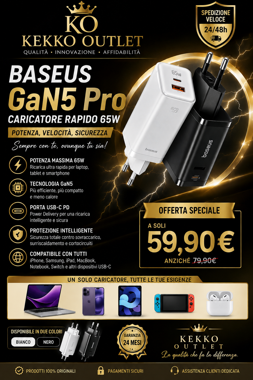 Baseus 65W GaN5 Pro USB-C PD Fast Charger – Fast Charging for Smartphones and Laptops