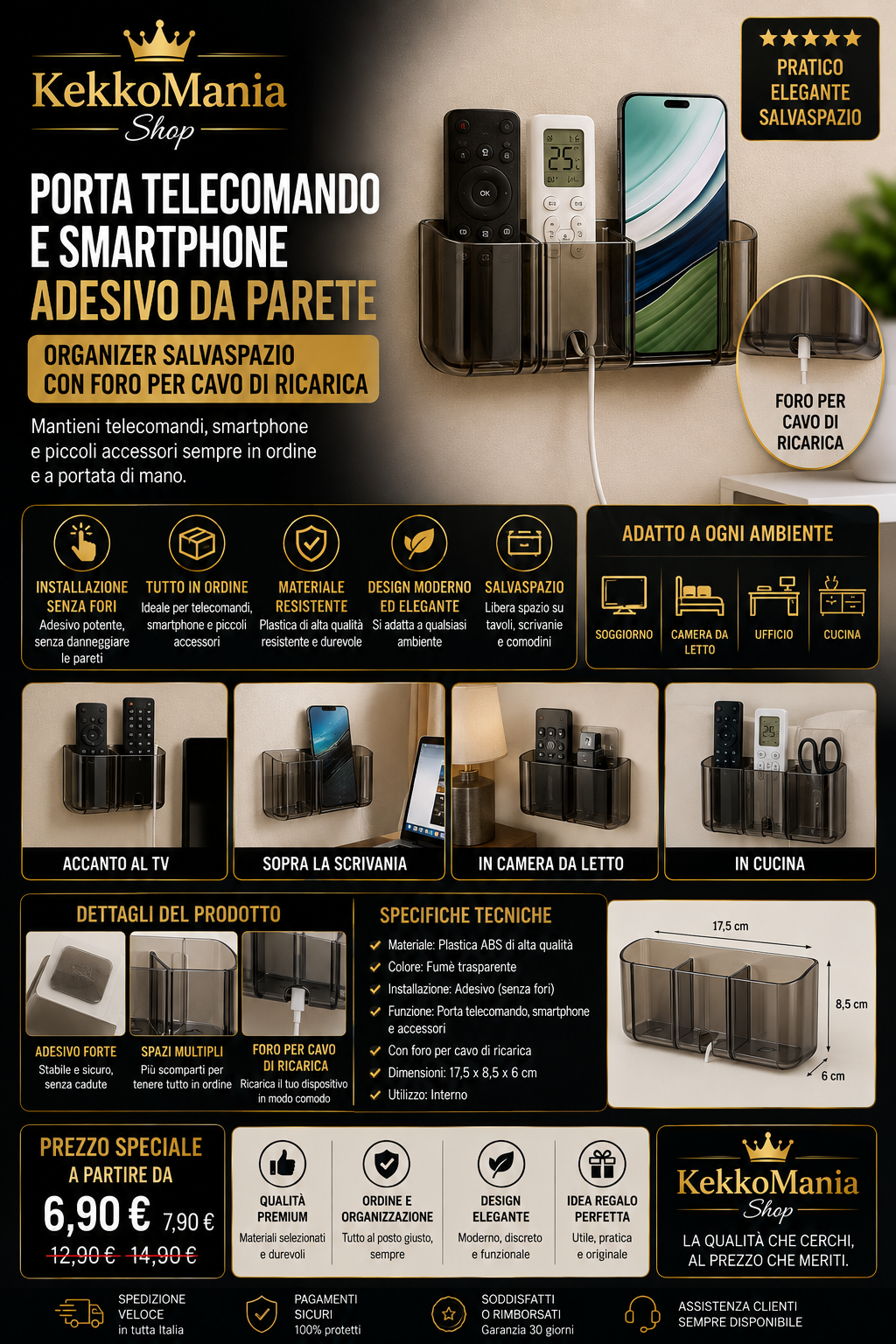 Wall-Mounted Remote Control and Smartphone Holder – Space-Saving Organizer with Charging Cable Hole