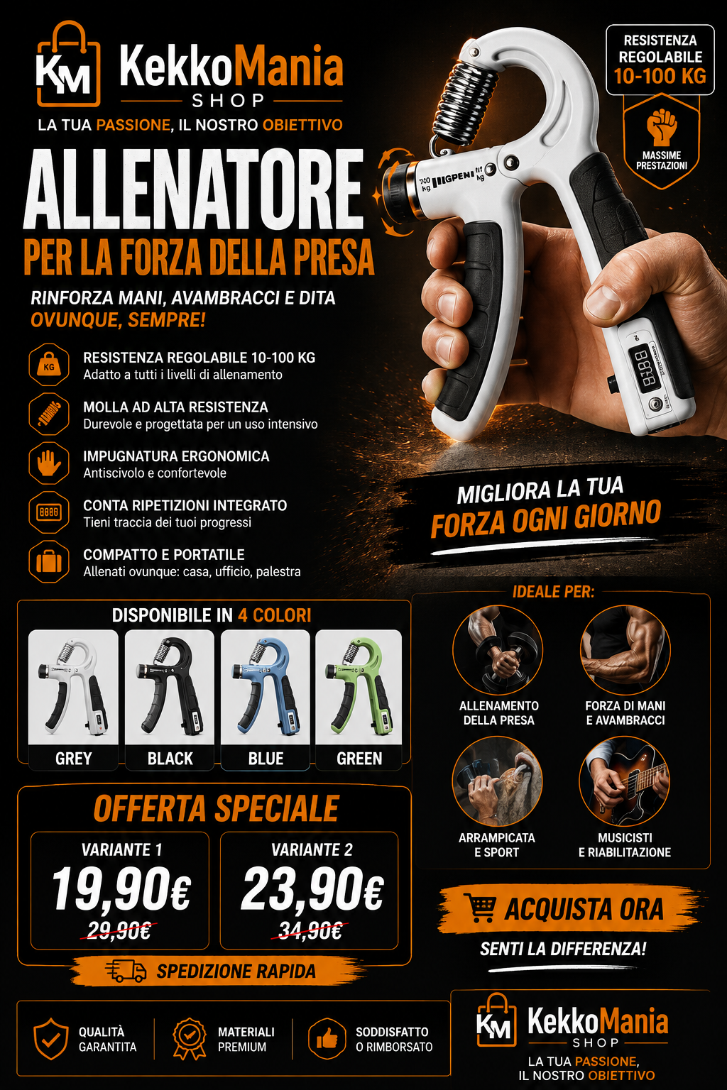 KekkoMania Shop – Hand Grip Regolabile 100 kg per Allenamento della Presa
