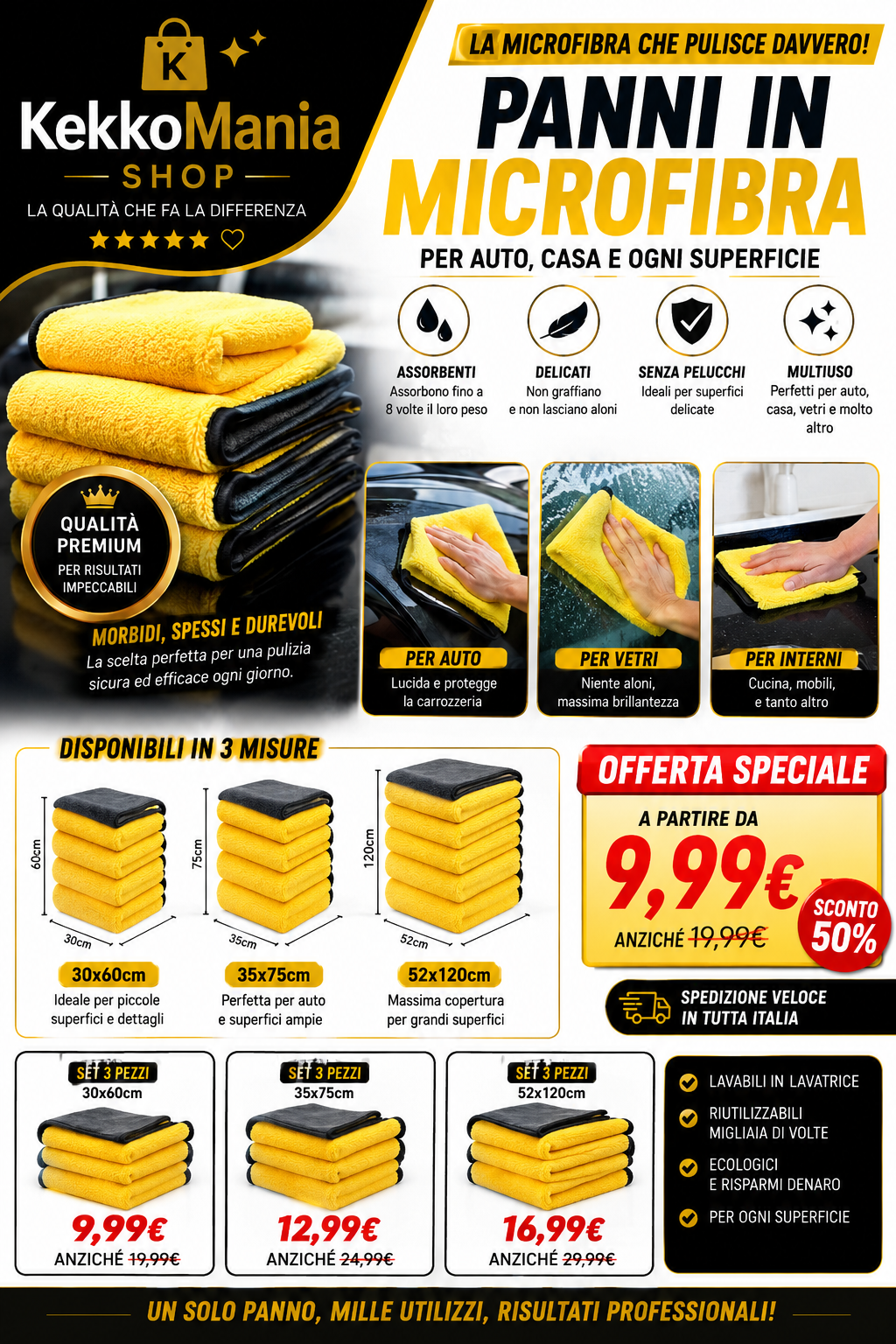 Panno in Microfibra XXL 70x140 cm per Asciugatura Auto - Ultra Assorbente, Morbido e Senza Aloni