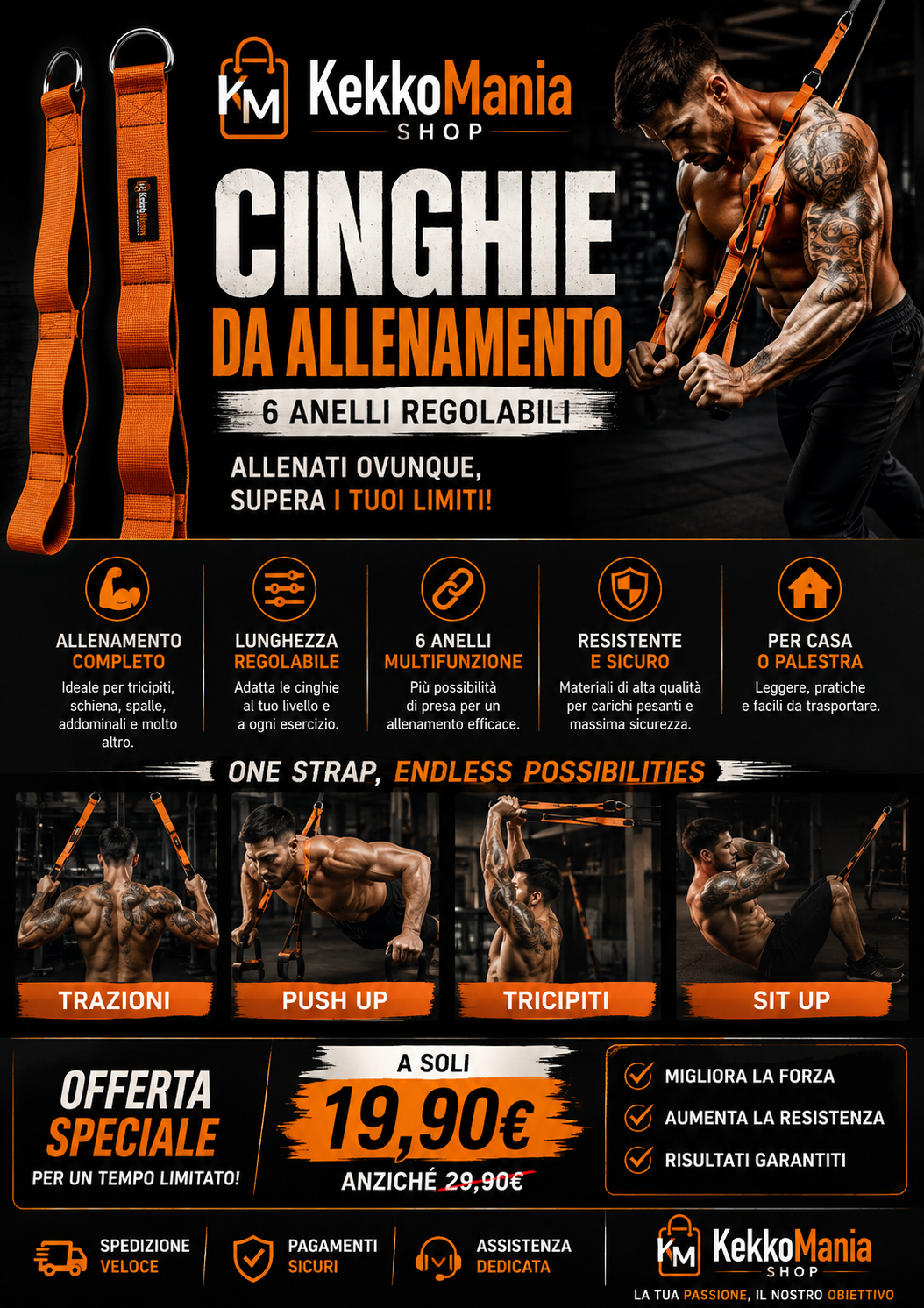 KekkoMania Shop – Cinghie da Allenamento a 6 Anelli Regolabili per Tricipiti, Push Up e Sit Up