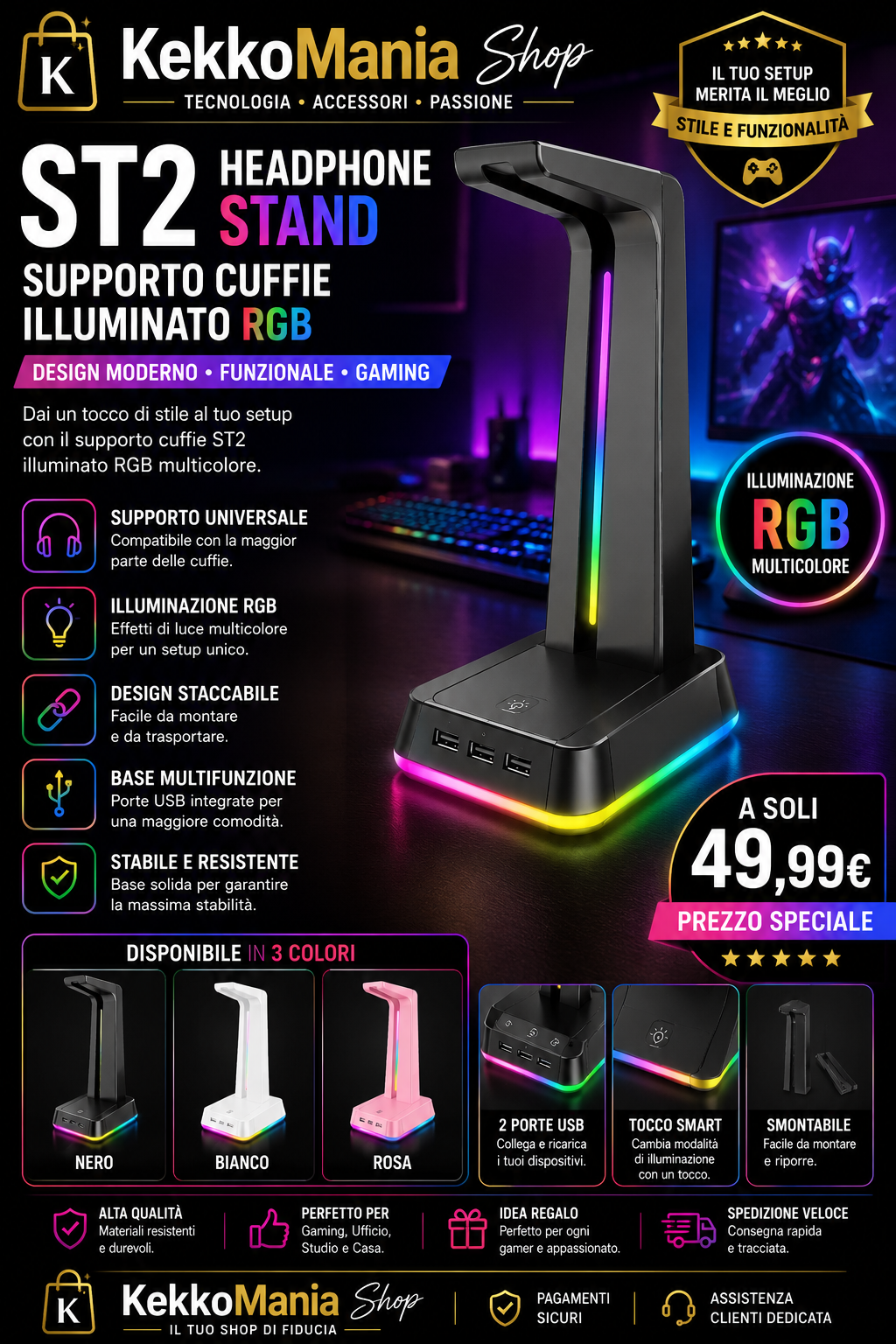 ST2 RGB Illuminated Gaming Headset Stand | Desk Headphone Holder | KekkoMania Shop
