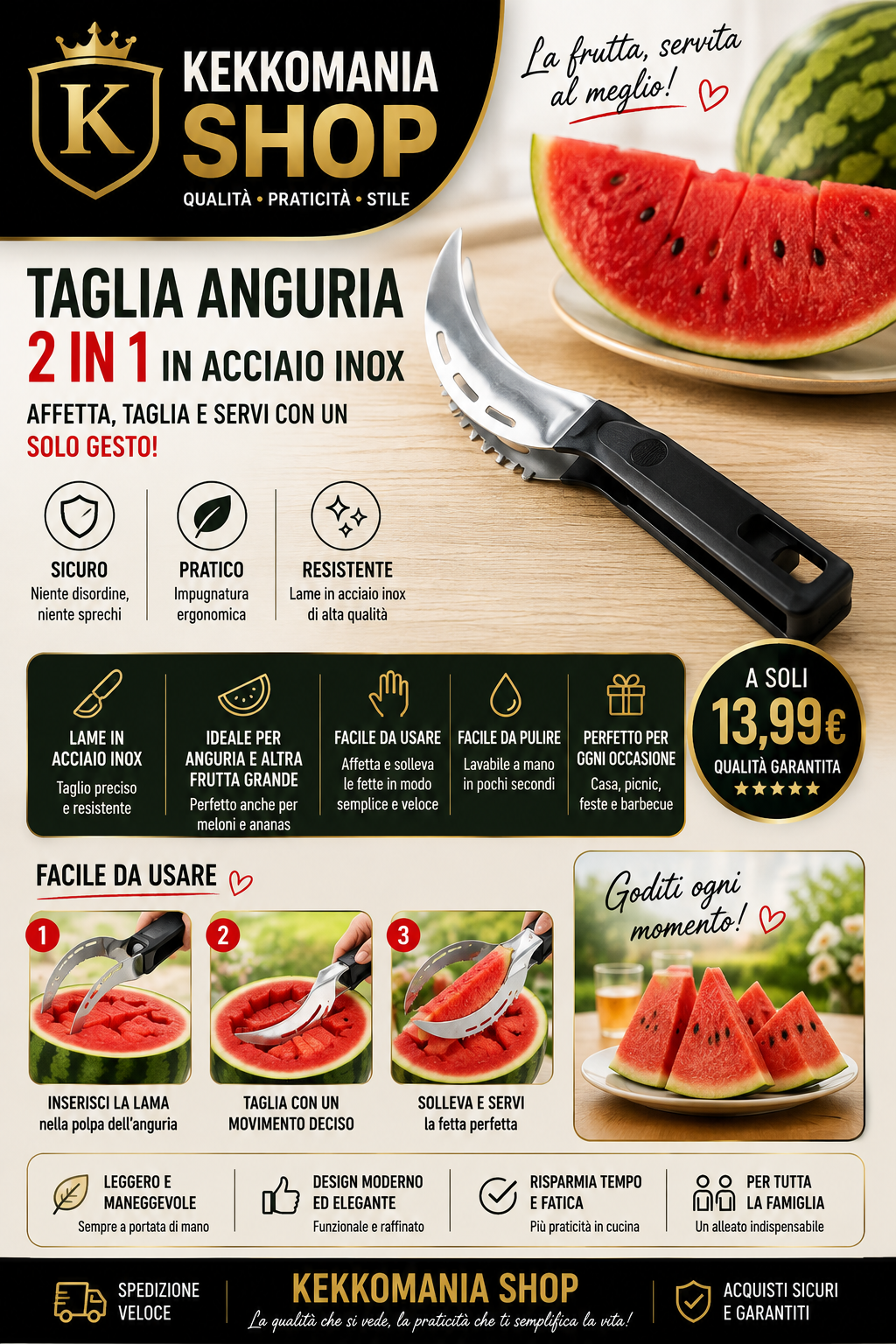 Watermelon Slicer 2 in 1 in Stainless Steel – Slice and Serve | Kekkomania Shop