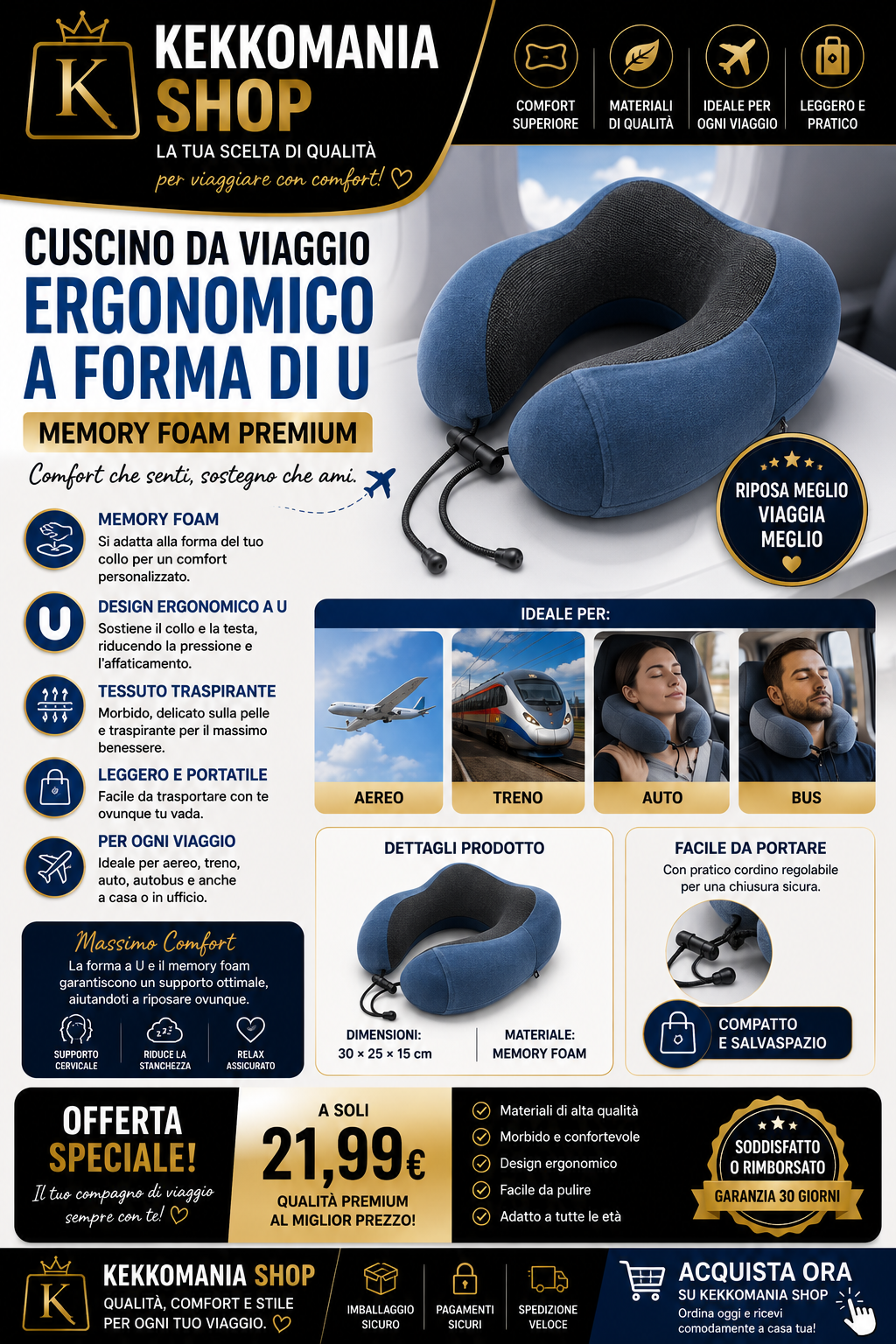 KEKKOMANIA SHOP – Cuscino da Viaggio Ergonomico in Memory Foam a U