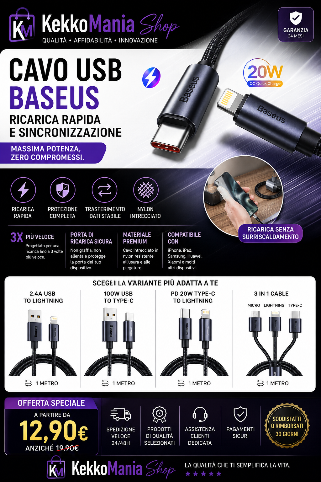 KekkoMania Shop – Cavo USB Baseus per Ricarica Rapida iPhone e Smartphone