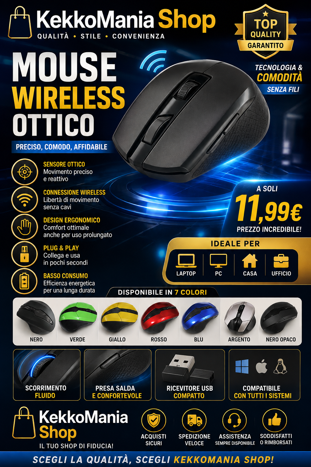 Mouse Wireless Ottico per PC e Notebook – Mouse Senza Fili Ergonomico | KekkoMania Shop
