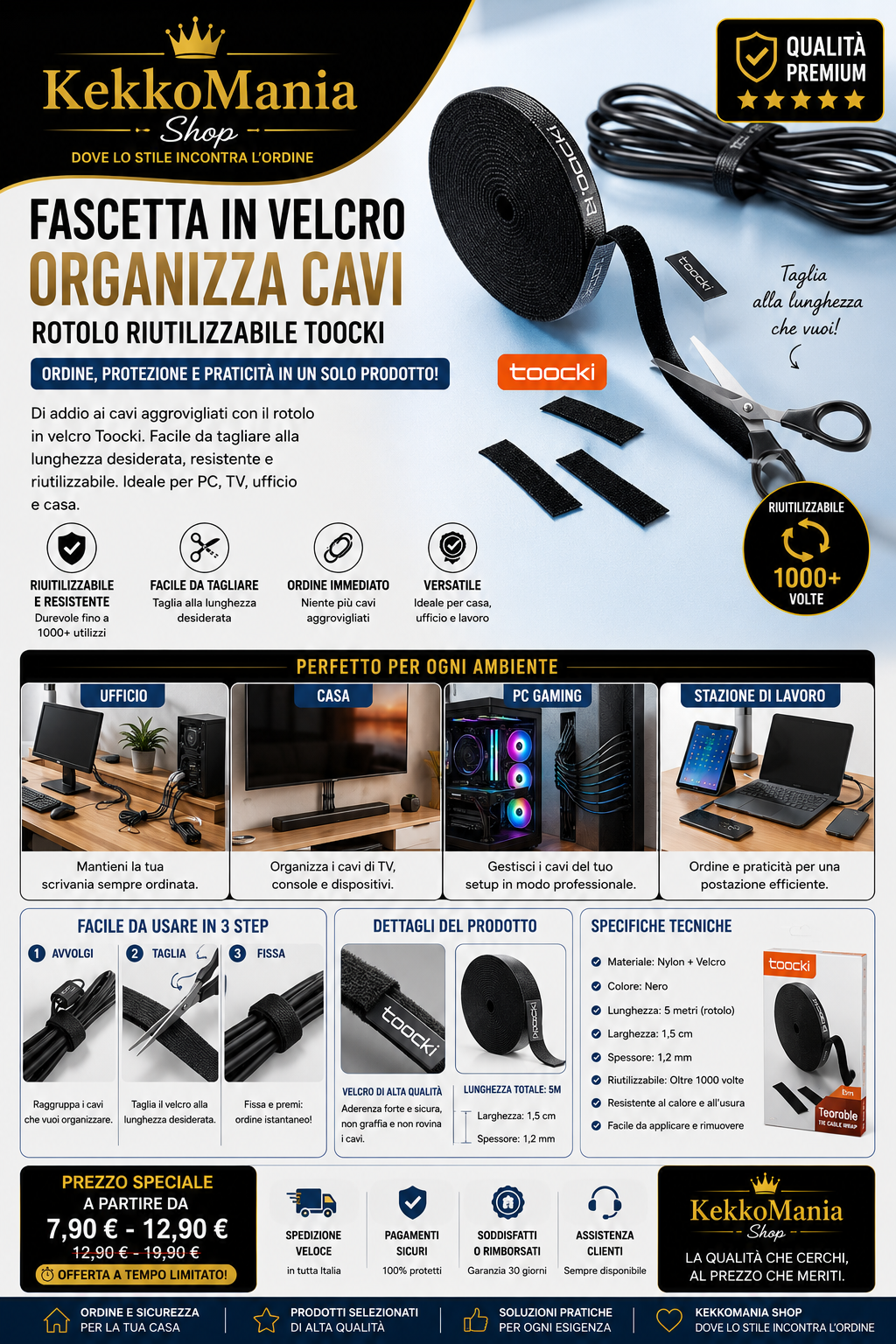 Toocki Velcro Cable Organizer – Reusable Roll for PC, TV, Office and Home