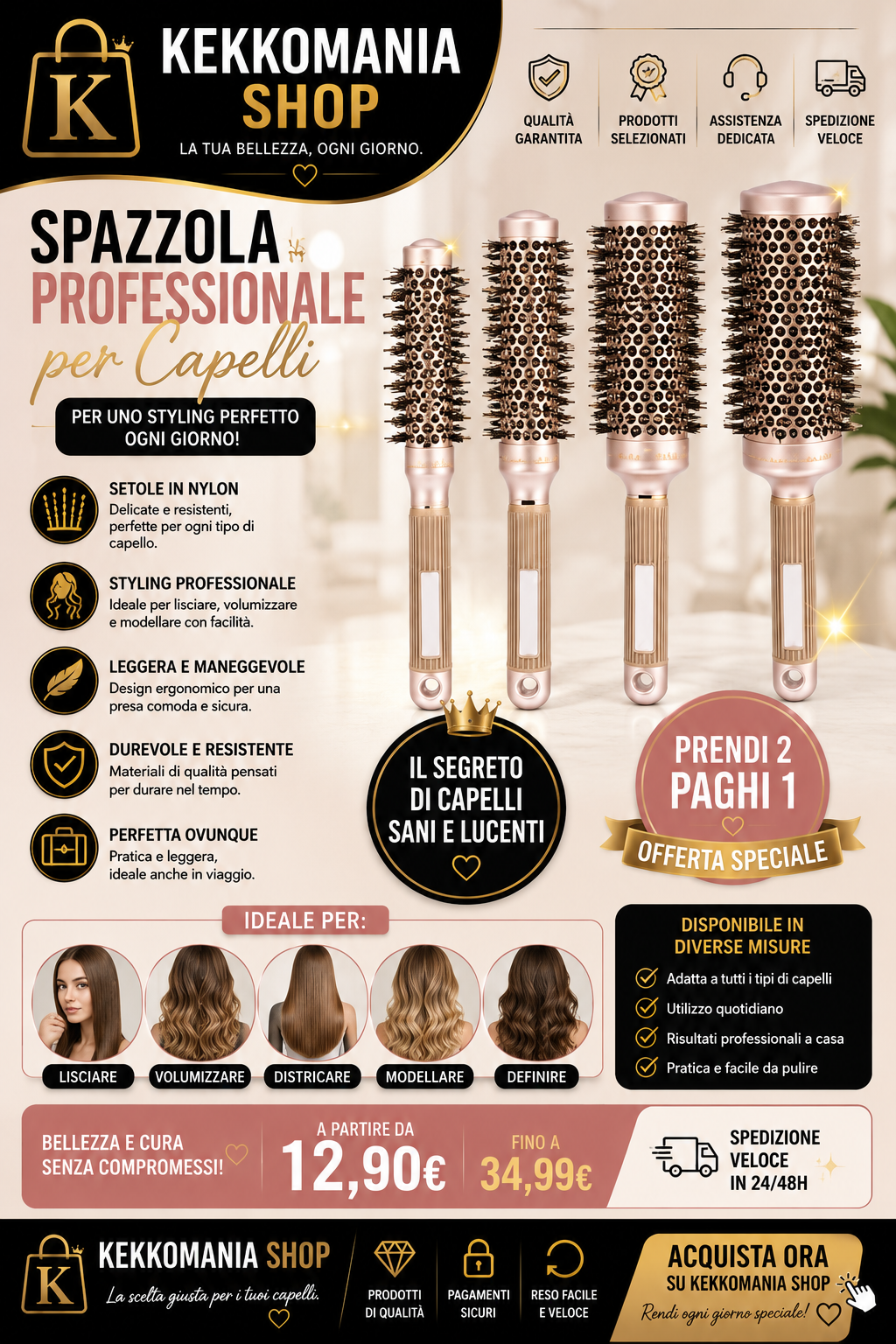 KEKKOMANIA SHOP – Spazzola Professionale per Capelli con Setole in Nylon