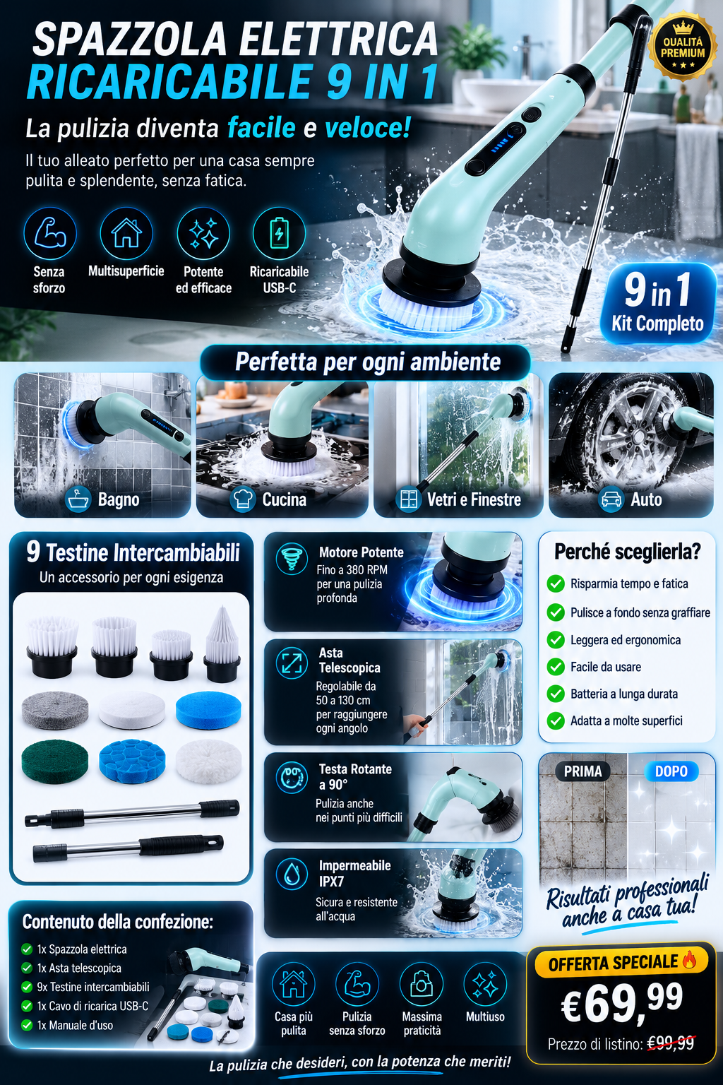 Electric Rechargeable Cleaning Brush 9-in-1 – Multi-Purpose Kit for Bathroom, Kitchen, and Home