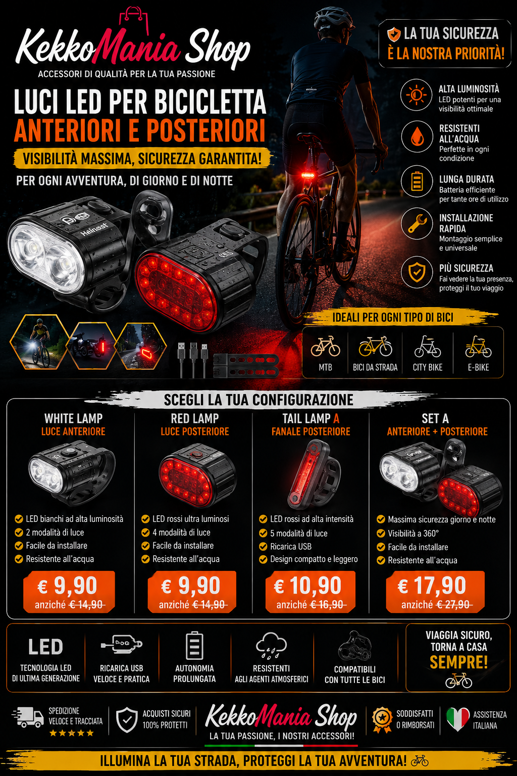 KekkoMania Shop – Set Luci LED per Bicicletta Anteriore e Posteriore, Lampade di Sicurezza