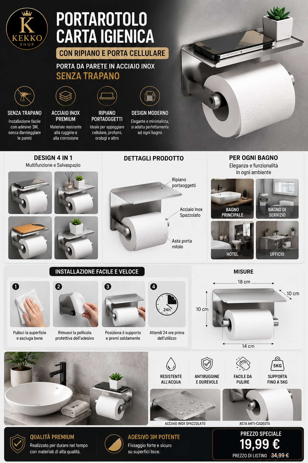 Toilet Paper Holder with Shelf – No-Drill Wall-Mounted Stainless Steel Cell Phone Holder