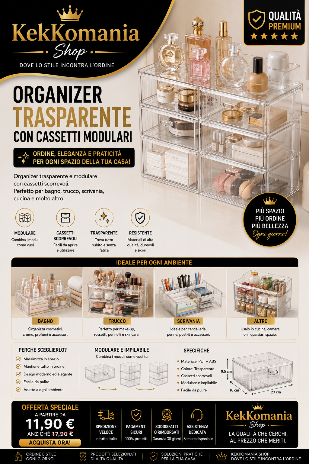 Transparent Organizer with Modular Drawers - Storage Container for Bathroom, Makeup, and Desk