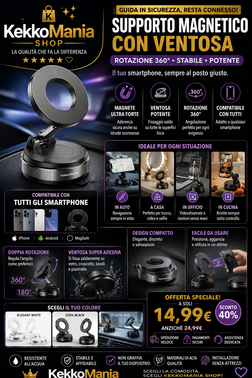 Car Magnetic Phone Mount with Suction Cup - 360° Rotation