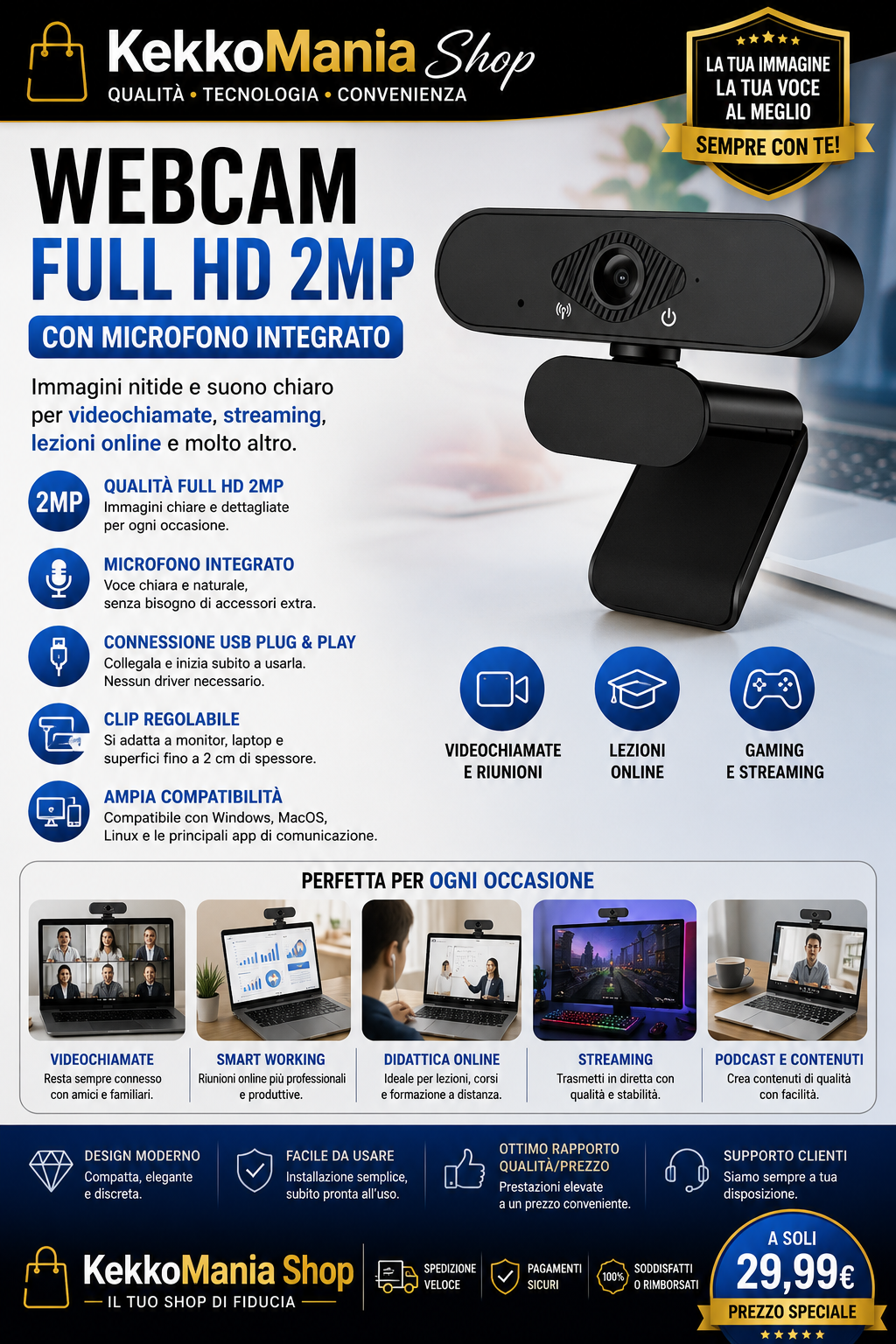 Webcam Full HD 2MP with Integrated Microphone for PC and Notebook | Camera for Video Calls and Streaming | KekkoMania Shop
