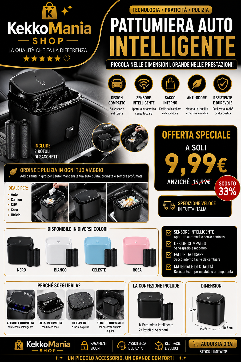 Car Bin with Press Lid - Waterproof ABS Waste Holder - Black