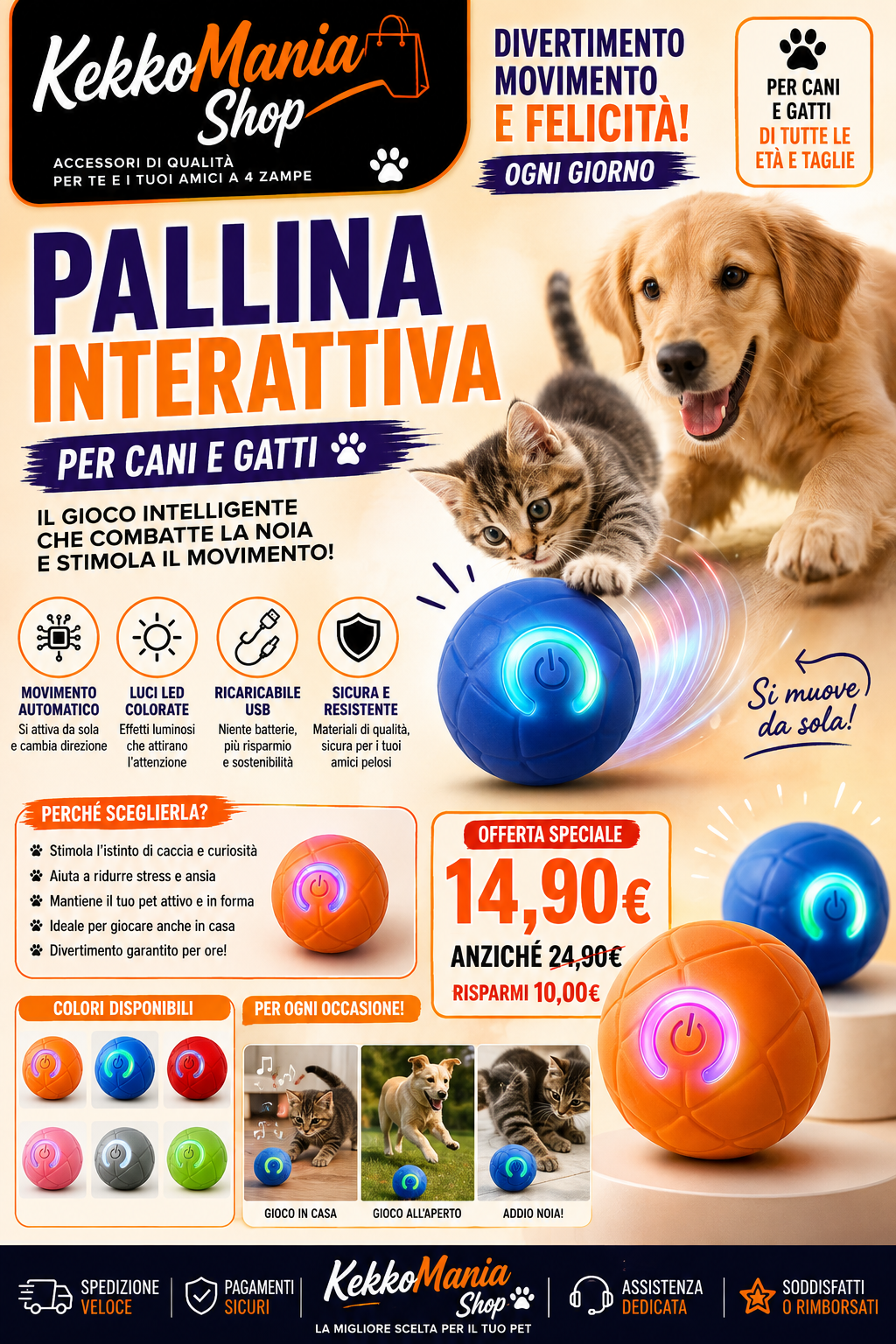 Pallina Interattiva per Cani e Gatti – Gioco Automatico con Movimento e Luce | KekkoMania Shop
