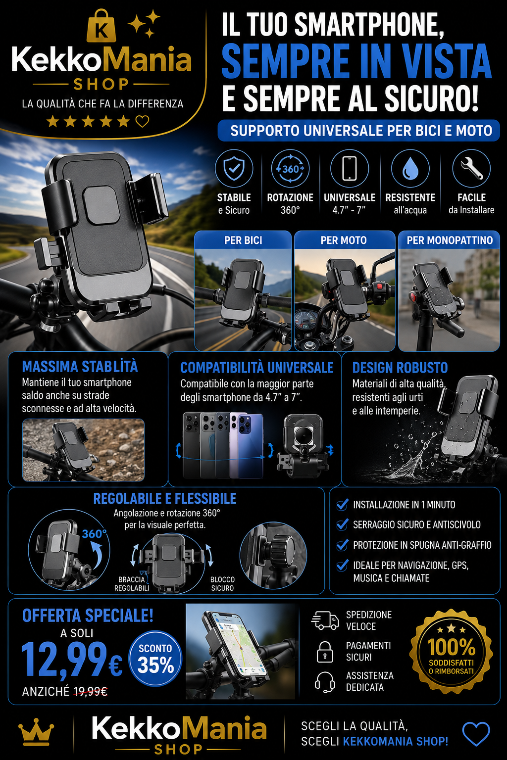 Universal Smartphone Holder for Car, Motorcycle, and Bicycle - 360° Rotation