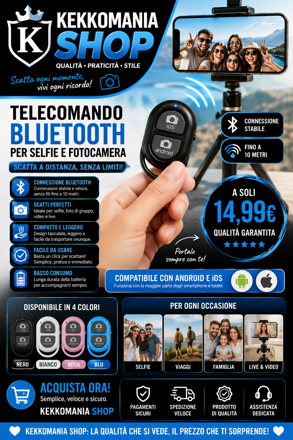 KEKKOMANIA SHOP – Telecomando Bluetooth per Selfie e Fotocamera Smartphone