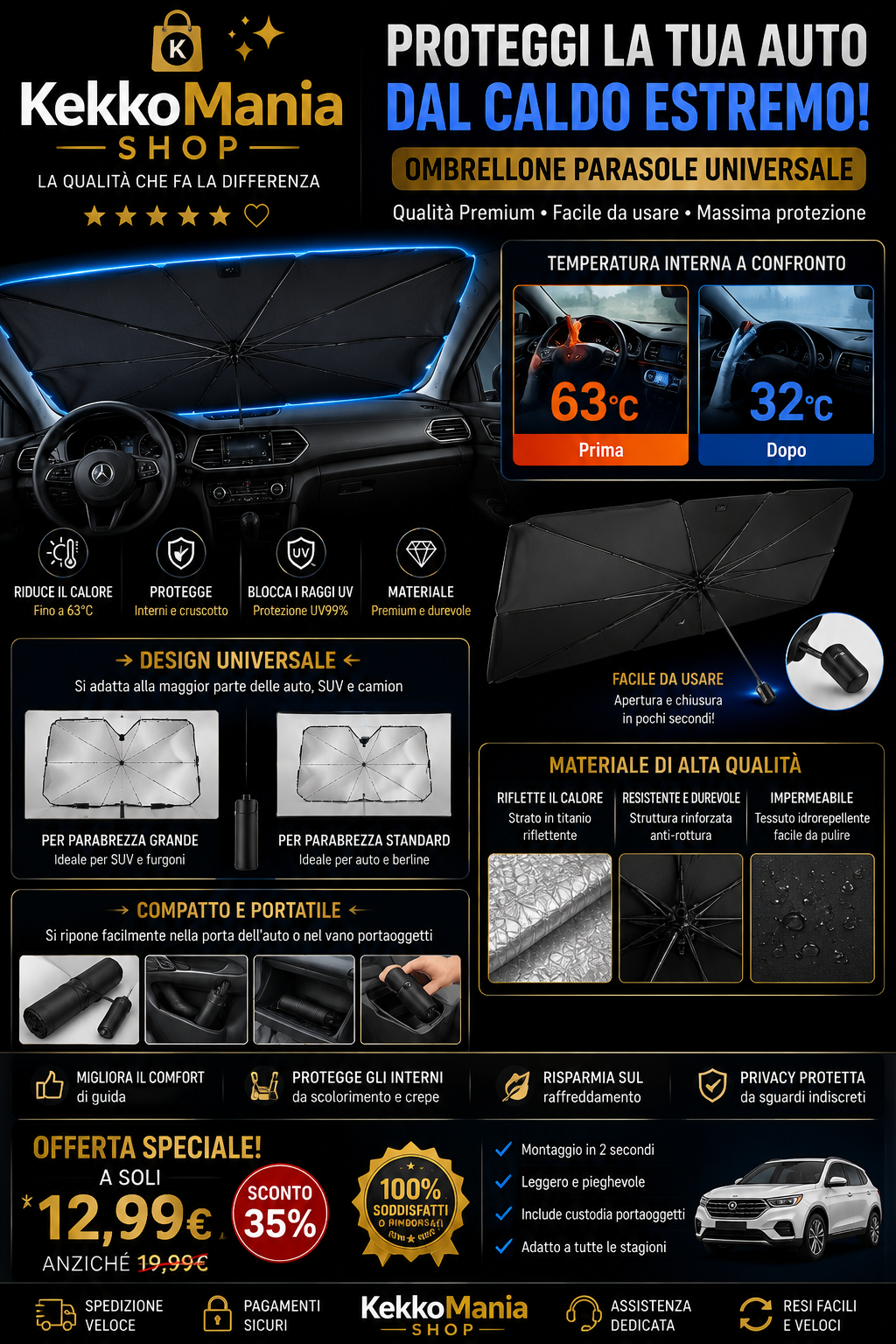 Proteggi gli interni della tua auto dal sole e dal calore con il pratico ombrello parasole pieghevole.