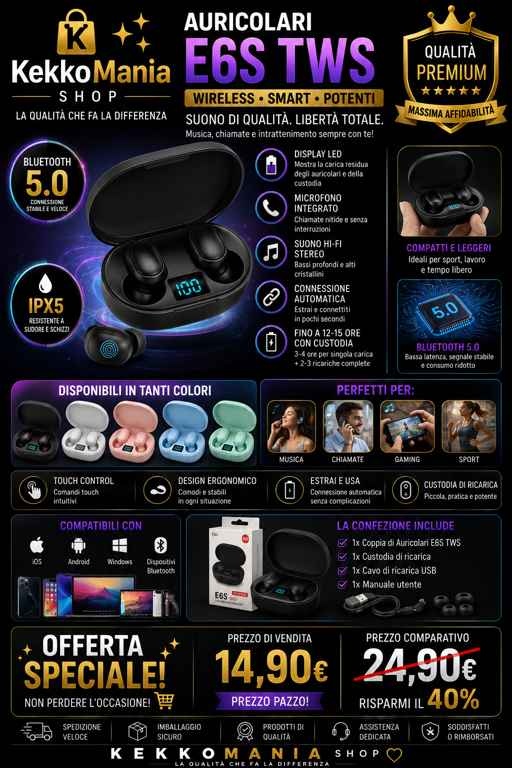 E6S TWS Auricolari Bluetooth 5.0 Wireless con Display LED e Microfono