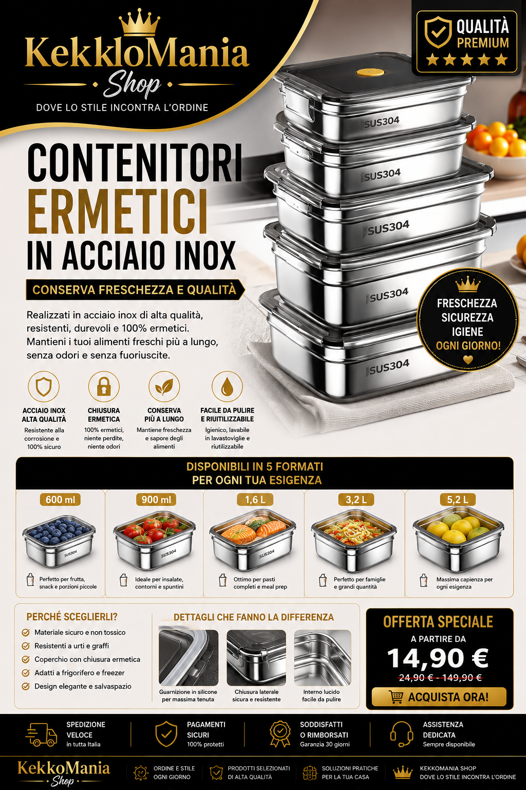 Stainless Steel Airtight Food Containers – Sets and Sizes from 600 ml to 5.2 L with Airtight Lid