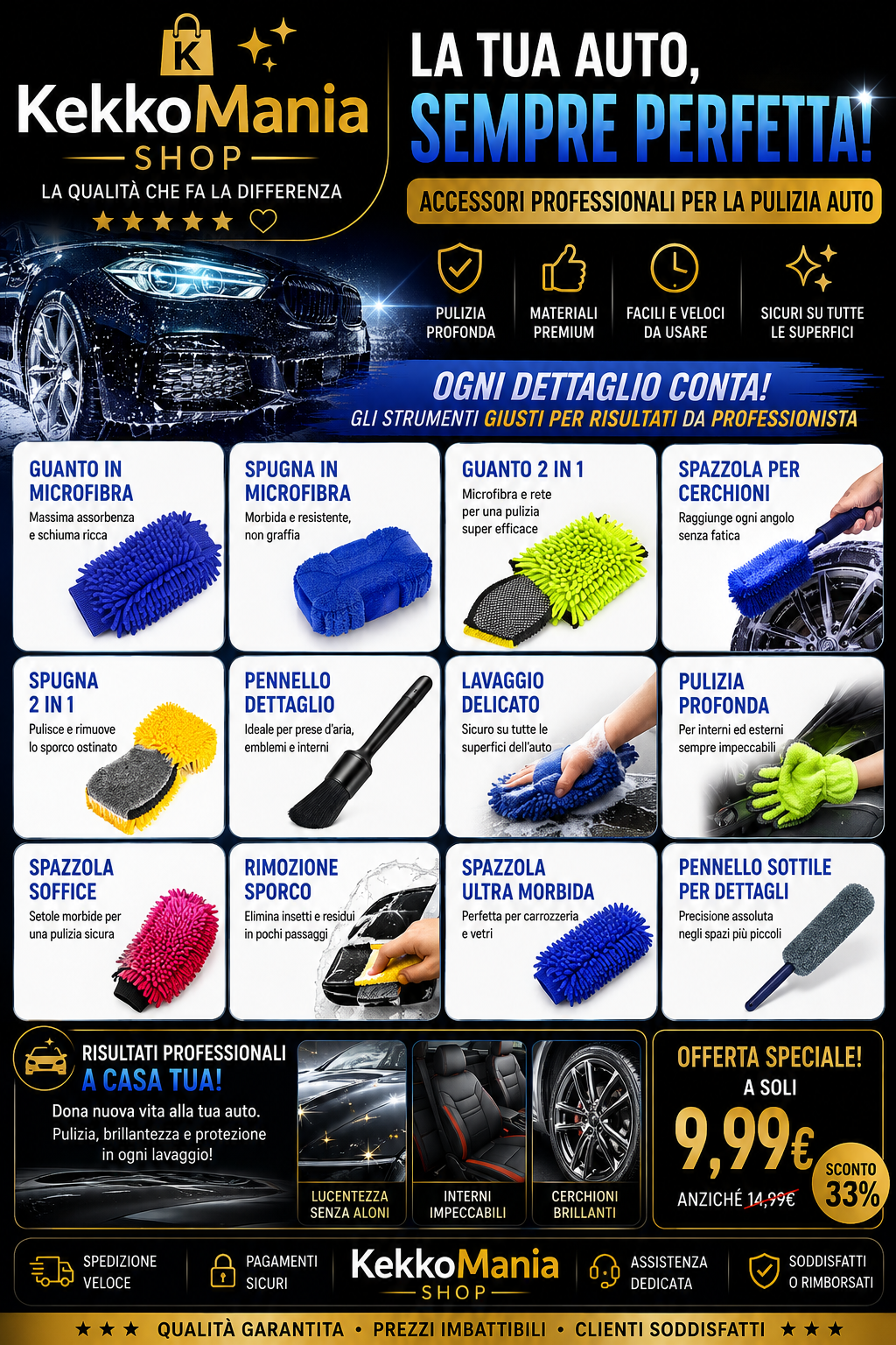Guanto in Microfibra per Lavaggio Auto – Spugna Double Face Antigraffio per Pulizia Interni ed Esterni