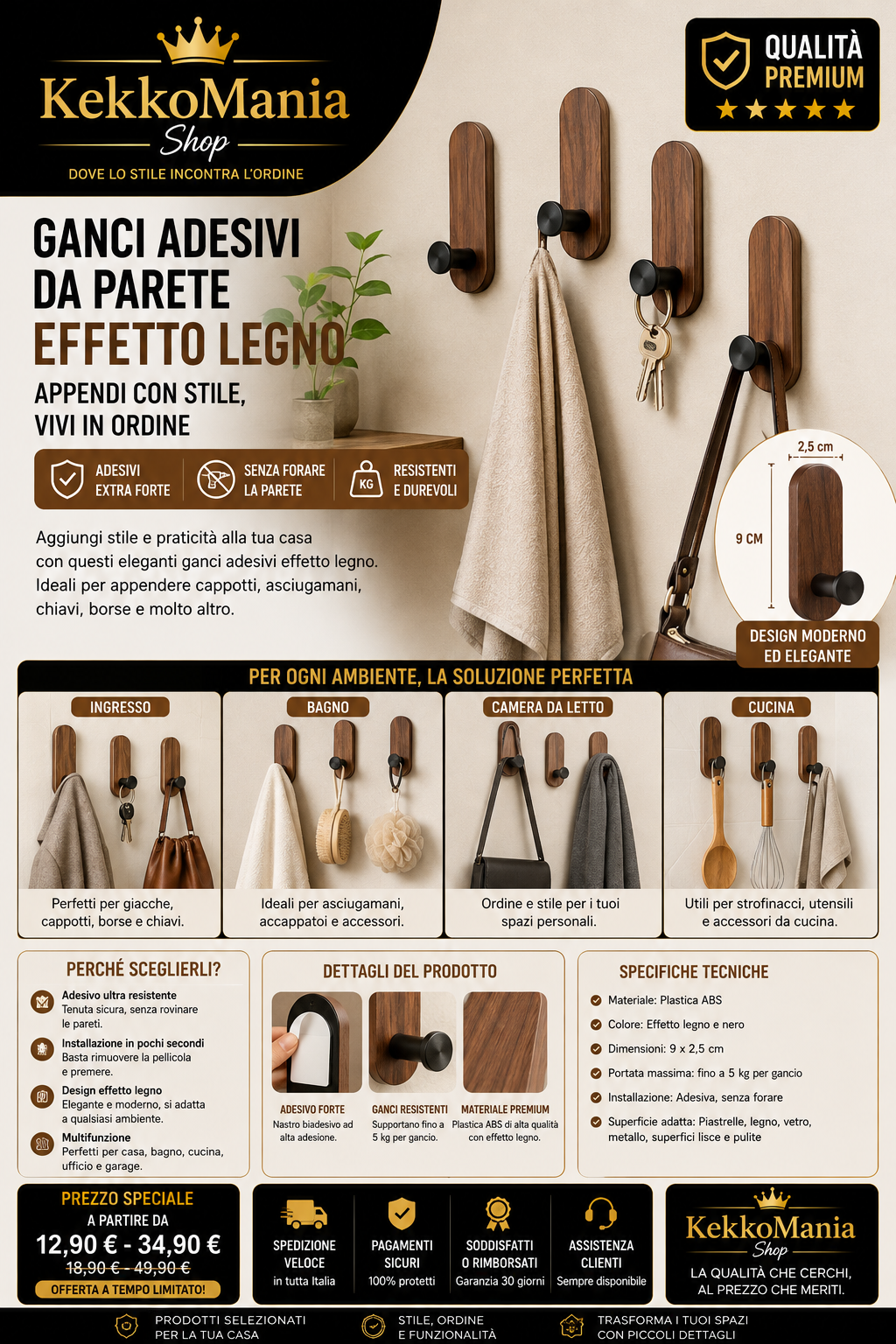 Ganci Adesivi da Parete Effetto Legno – Appendiabiti Moderni per Cappotti, Asciugamani e Chiavi