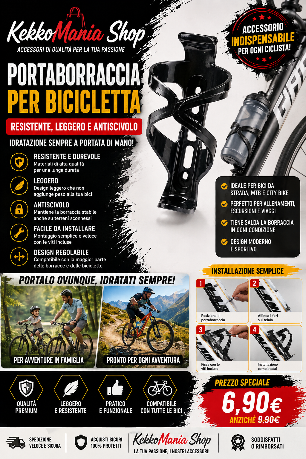 KekkoMania Shop – Portaborraccia per Bicicletta Antiscivolo, Leggero e Resistente
